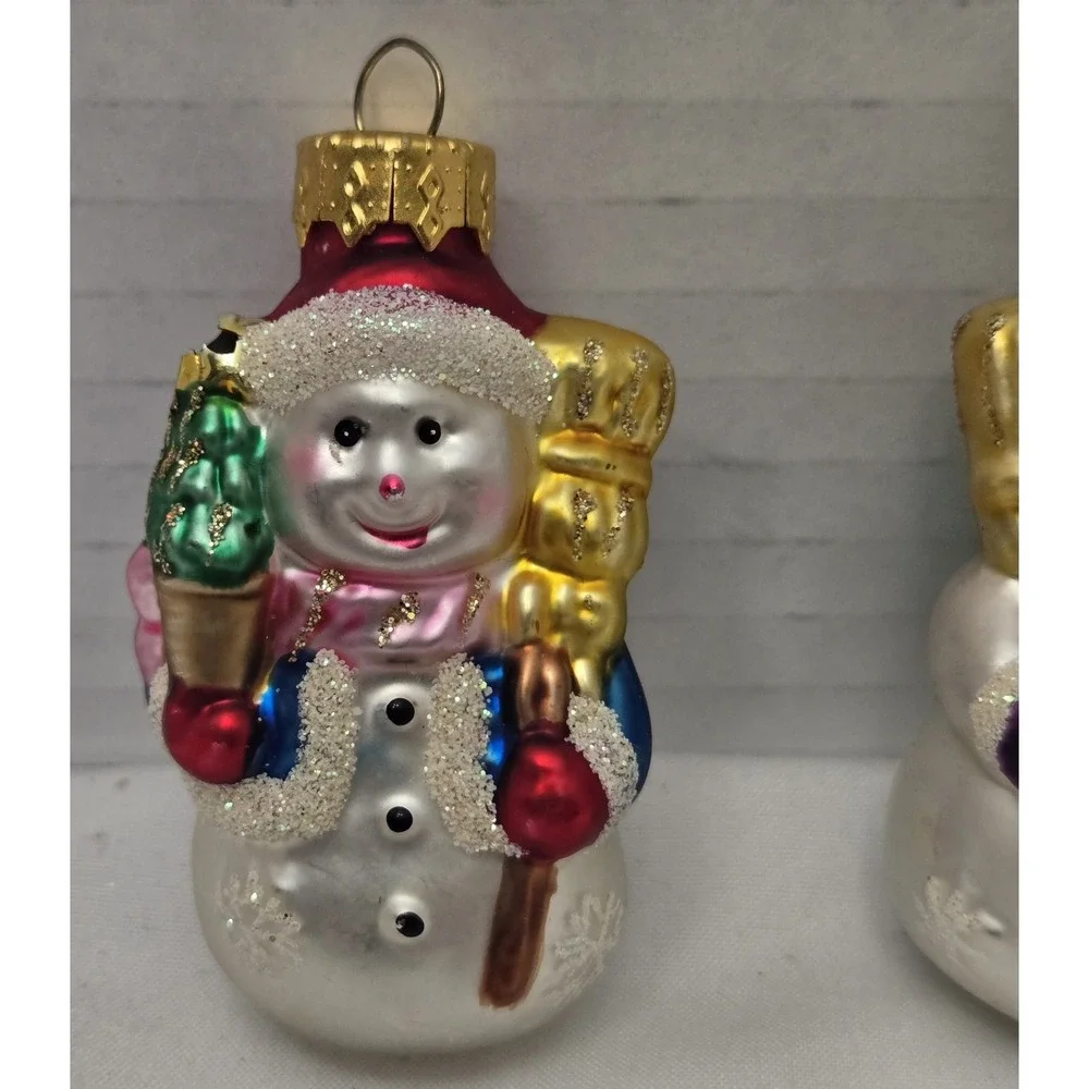 Lot/2 Vintage Unique Treasures Blown Glass Snowman Christmas Ornaments Glitter